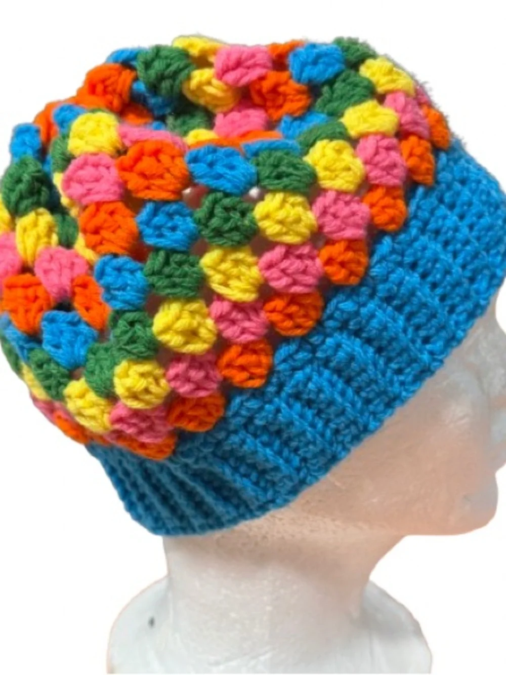 Handmade Rainbow granny Stitch Crochet Beanie | Slouchy Winter Hat | OOAK